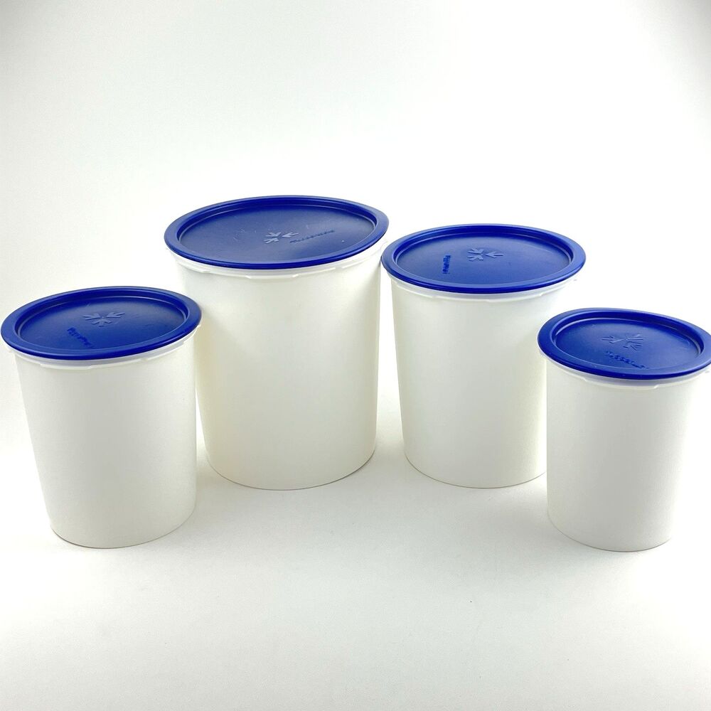 Vintage Tupperware 4pc Round Kitchen Canister Set White/Blue Lids Plastic